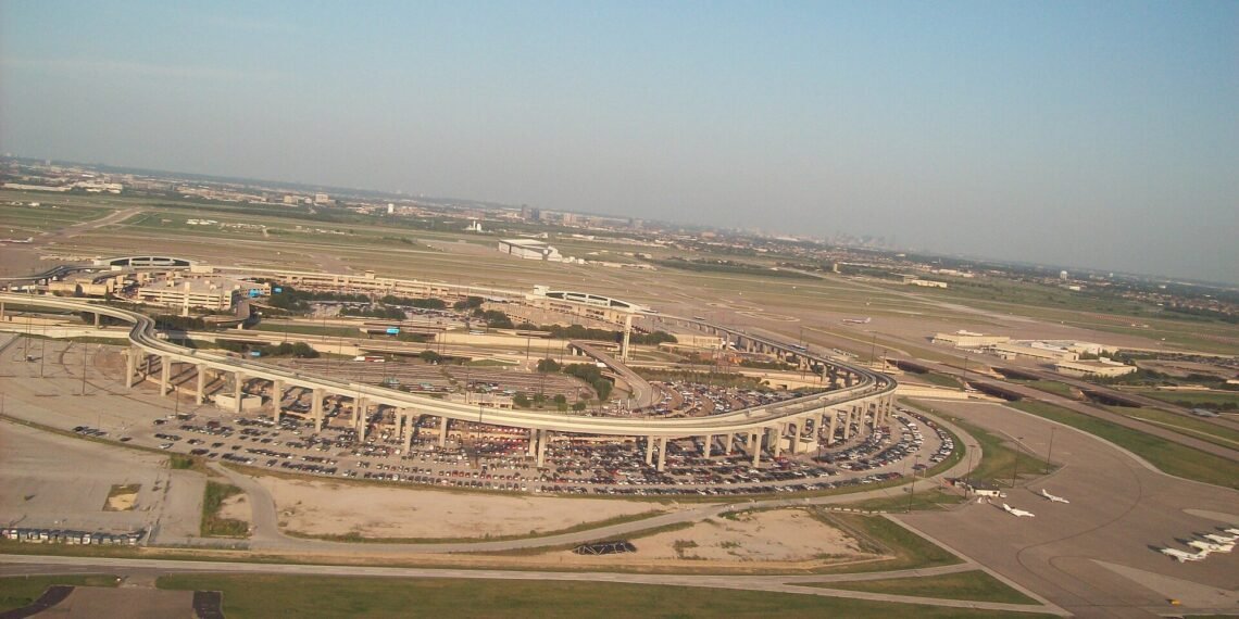 Elevated view of a terminal at Dallas Fort Worth International Airport