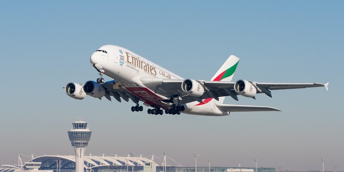 Emirates Airbus A380 A6-EER departing Munich Airport