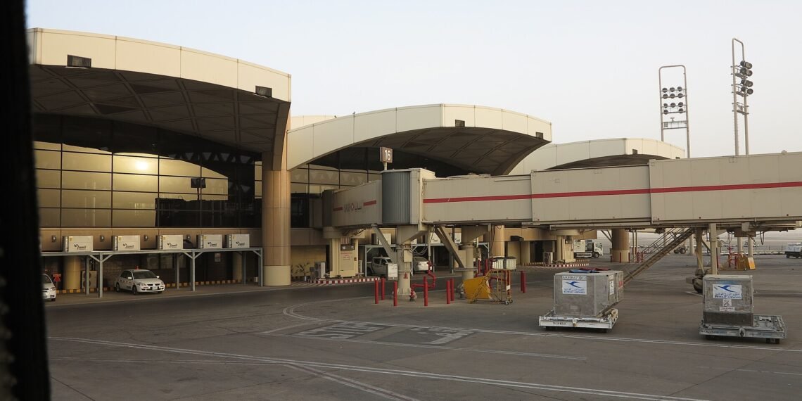 Terminal 1 and jet bridges at King Khalid International Airport in Riyadh, Saudi Arabia
