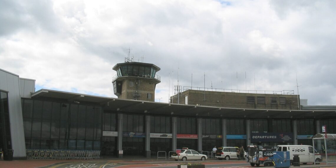Terminal building and control tower at Leeds Bradford Airport, England
