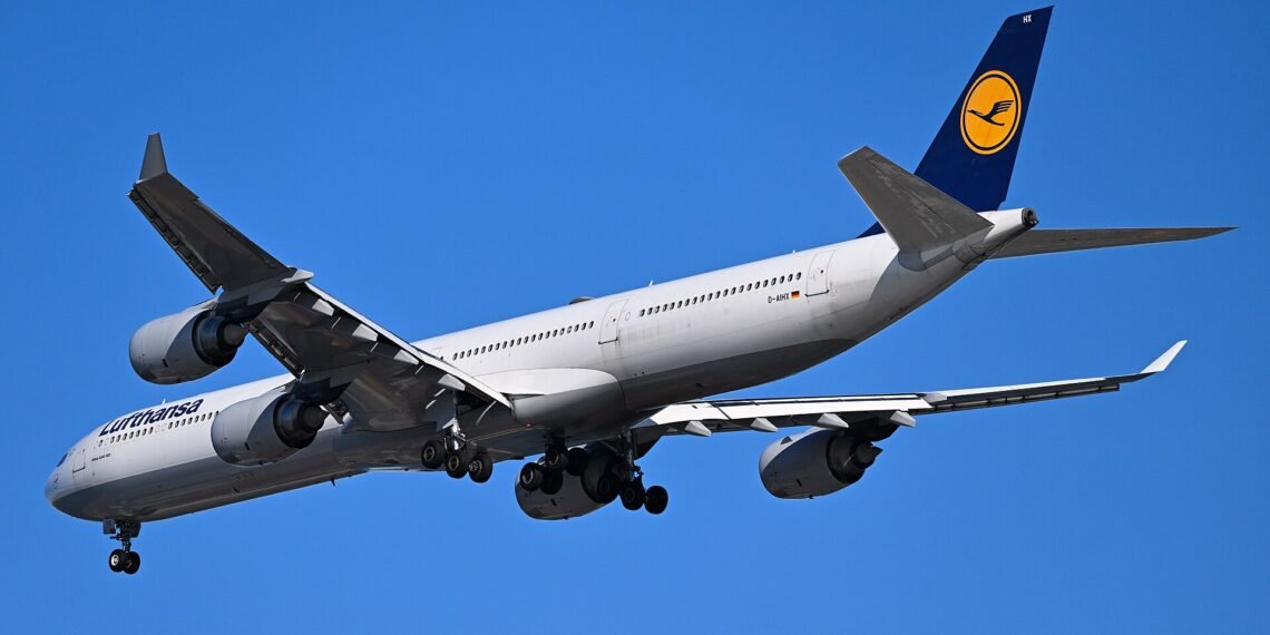 Lufthansa Airbus A340-600 D-AIHX on final approach to Boston Logan