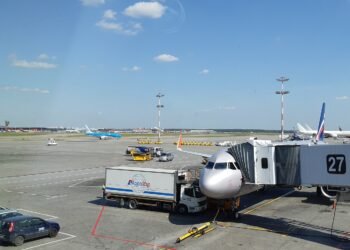 Aircraft at a gate on the apron at Moscow Sheremetyevo Airport, seen from Terminal D