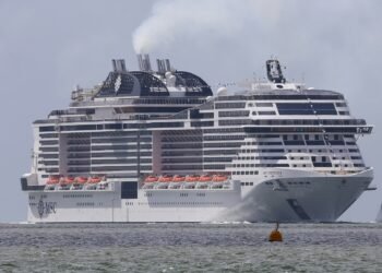 MSC Virtuosa cruise ship entering Southampton Water, England