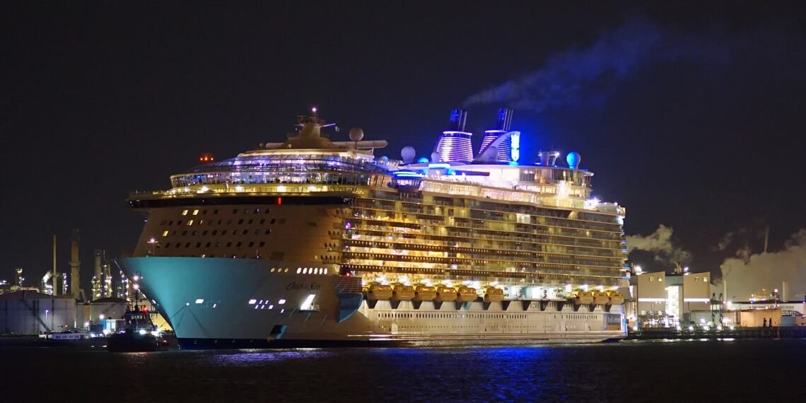 Royal Caribbean cruise ship Oasis of the Seas in Rotterdam at night