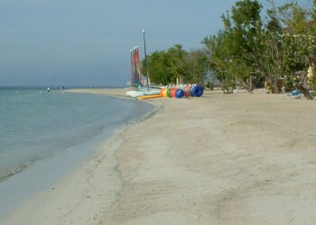 Whitehouse Beach at the Sandals resort now called Sandals South Coast, Jamaica, with palm trees and beach loungers