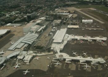 Aerial view of the domestic terminals at Sydney Airport